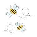 Bee character. Cute flying bees with dotted route. Vector cartoon insect illustration Royalty Free Stock Photo